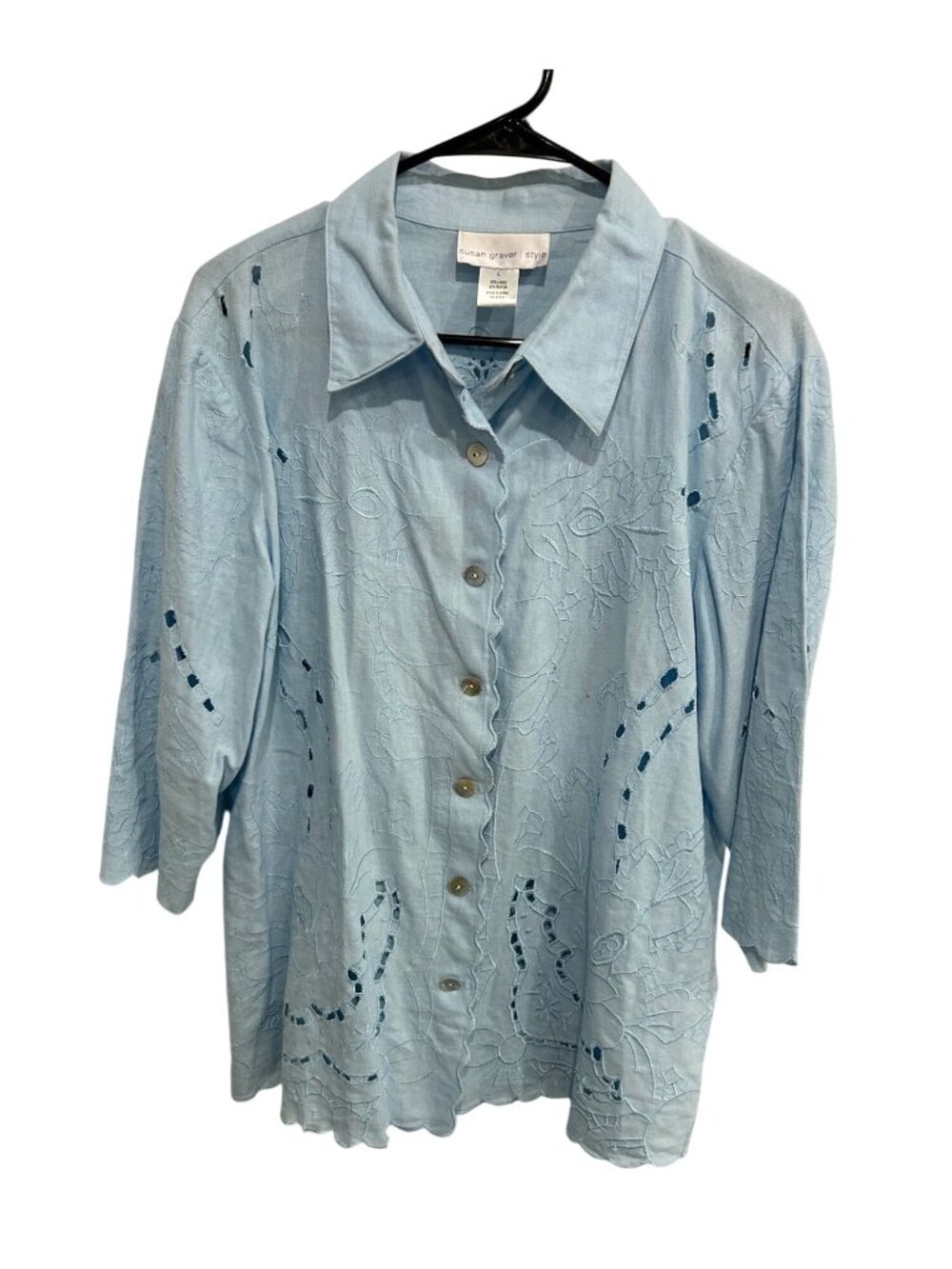 Susan Graver Style Light Blue Button-Front Blouse L Back Design Cutout Country - Picture 2 of 9